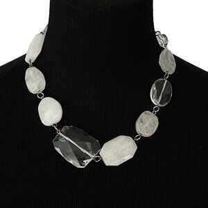 CHUNKY quartz & glass necklace - polished faceted stone white clear silver 19.5"